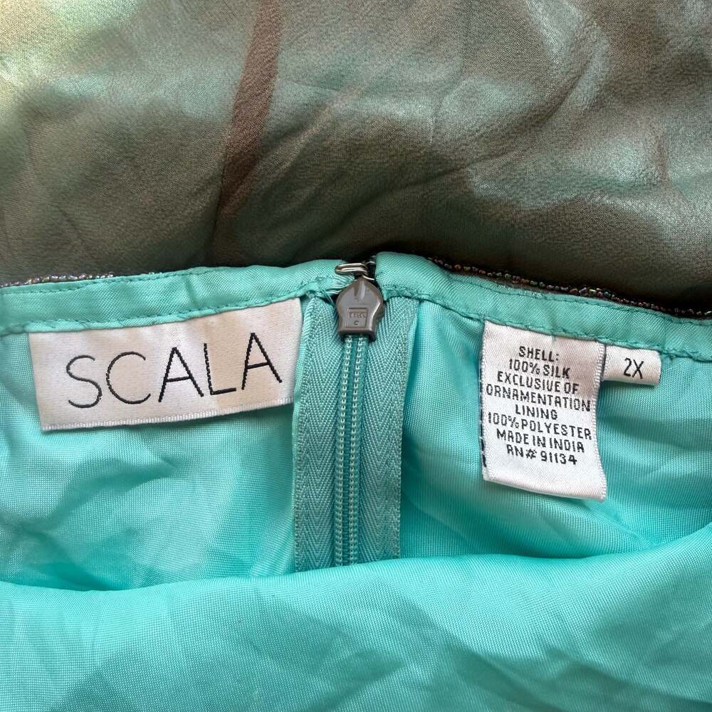 Vintage Scala 100% Silk Beaded Floral Maxi Dress Gunmetal Teal Plus Size 2X - Picture 2 of 16